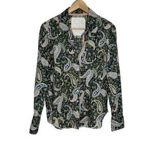 Cino Button Up Shirt Womens Medium Navy Paisley Lightweight Roll Tab Sleeve